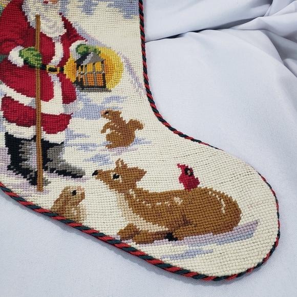 Vintage Needlepoint Christmas Stocking Wool Velvet Santa Animals Embroidered - Picture 4 of 7